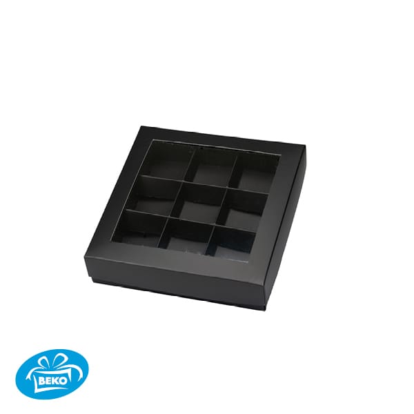 Bonbondoos +deksel+ venster 144x144x30 mm 9vaks mat zwart