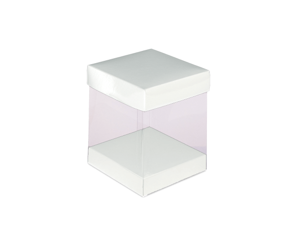 Transp kubus+karton deksel 8x8x9,6cm Glans wit