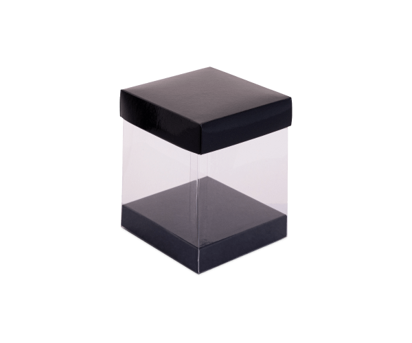 Transp kubus+karton deksel 8x8x9,6cm Glans zwart
