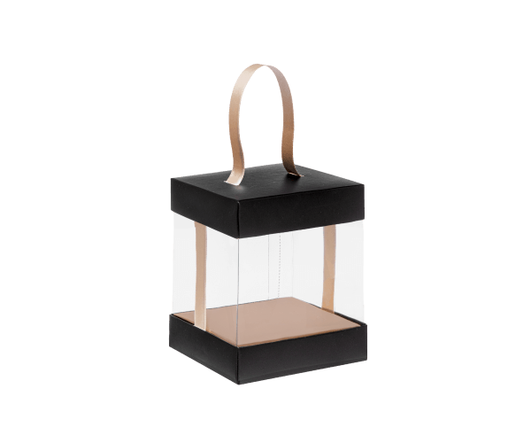 Presentatiekubus Zwart Transp. 8x8x10cm Goud inleg+lint