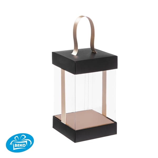Presentatiekubus Zwart Transp. 9x9x13,5cm Goud inleg+lint