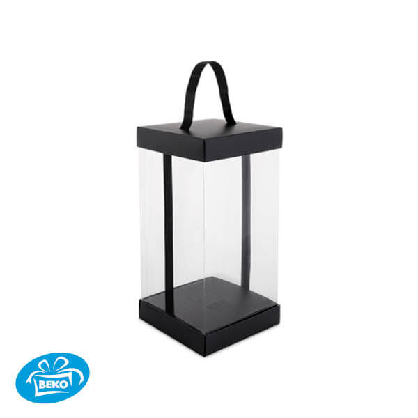 Presentatiekubus Zwart Transp. 12x12x25cm Zwart inleg+lint