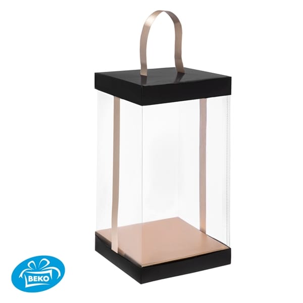 Presentatiekubus Zwart Transp. 12x12x21cm Goud inleg+lint