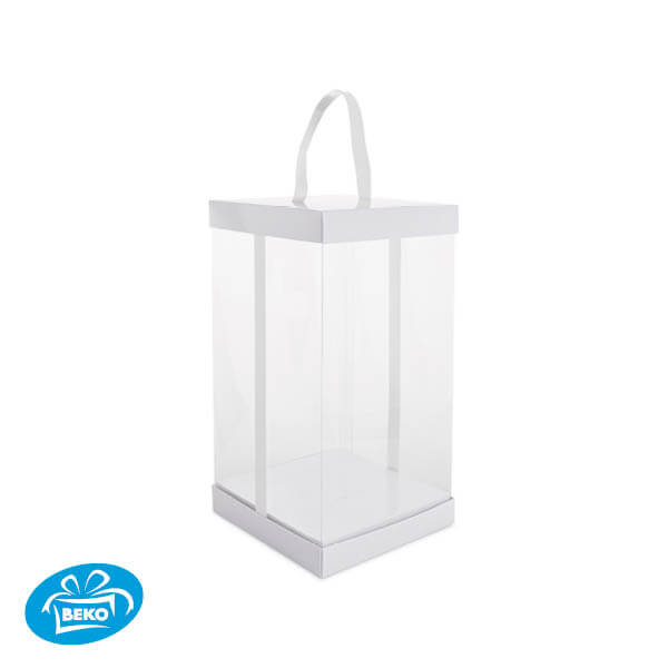 Presentatiekubus Wit Transp. 12x12x25cm Wit inleg+lint