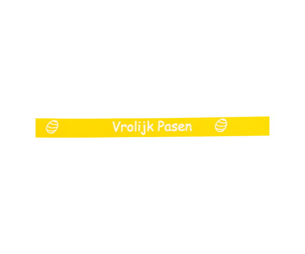 Rol zijdelint 15mm-100mtr Vrolijk Pasen geel/wit